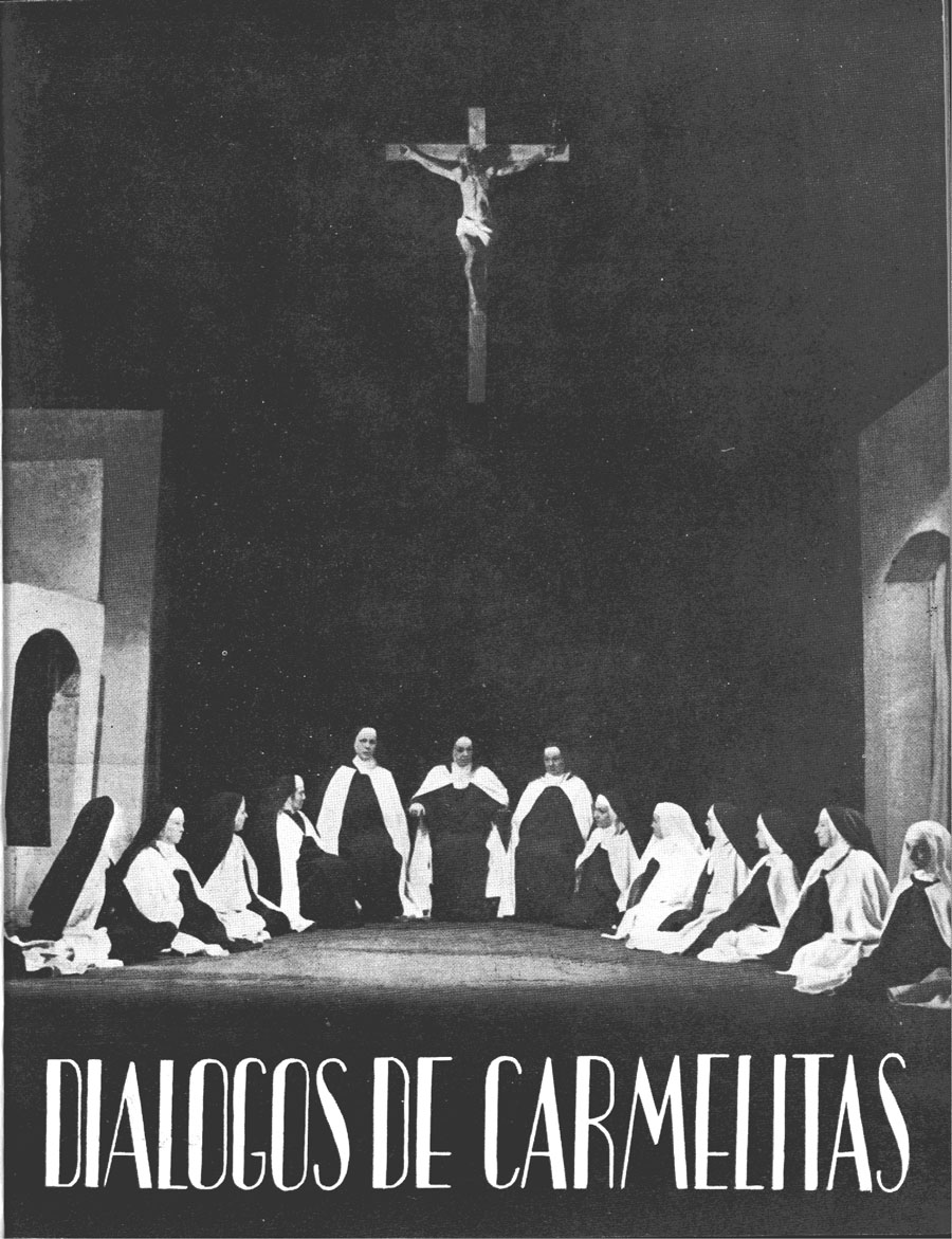 Cartel de la obra en el que se ve una foto de un grupo de religiosas sobre el escenario, presidido este por un gran crucifijo.
