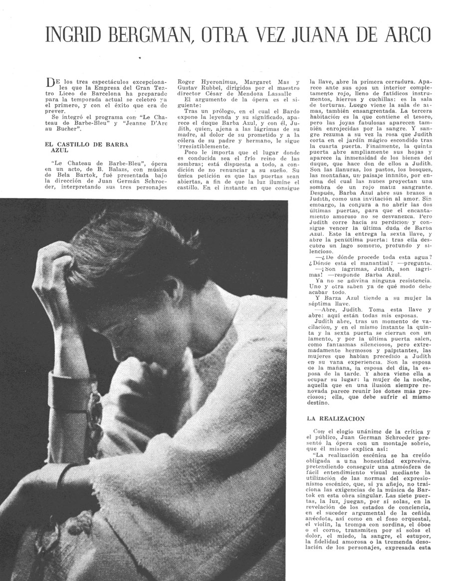 Reproducción de una página de la revista en la que se ve una foto en blanco y negro de Ingrid Bergman durante la representación.