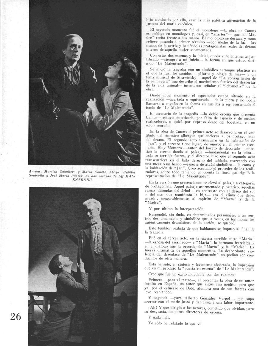 Reproducción de una página de la revista, con texto y dos fotos de actores en el escenario.