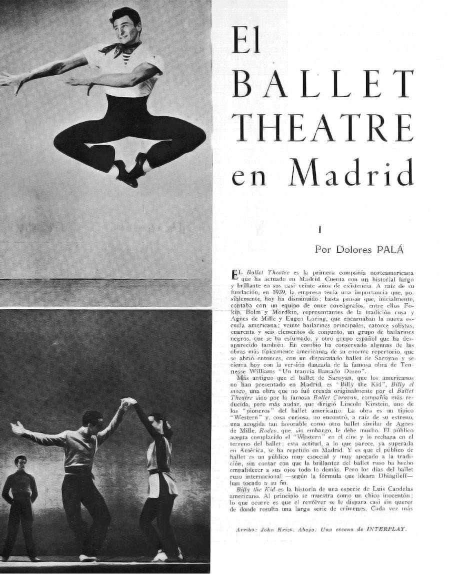 Reproducción de una página de la revista con texto y dos fotos de bailarines en el escenario.