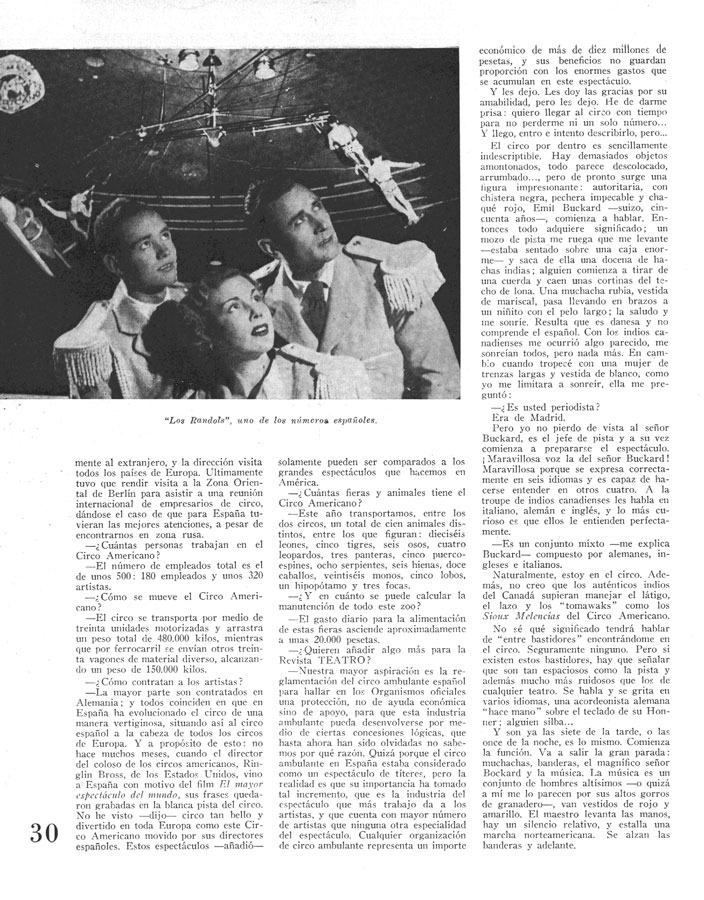 Reproducción de una página de la revista con texto y una foto de varios artístas del Circo Americano.