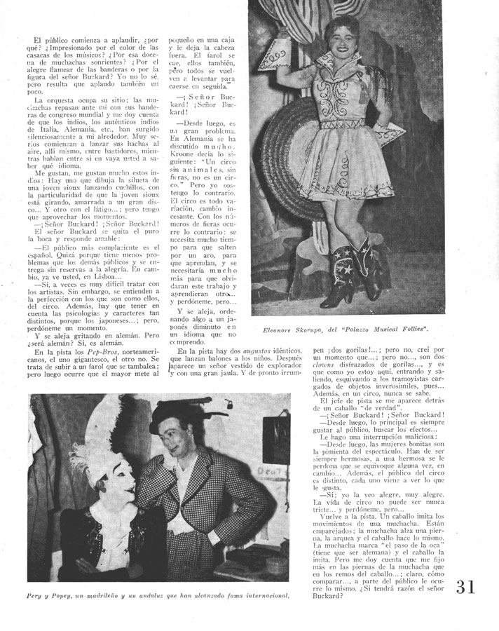 Reproducción de una página de la revista con texto y una foto de varios artístas del Circo Americano.