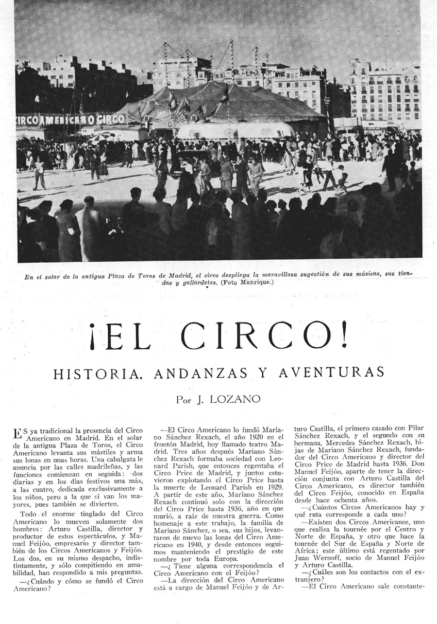 Reproducción de la página de la revista con una foto del exterior la gran carpa del circo y público en la calle.